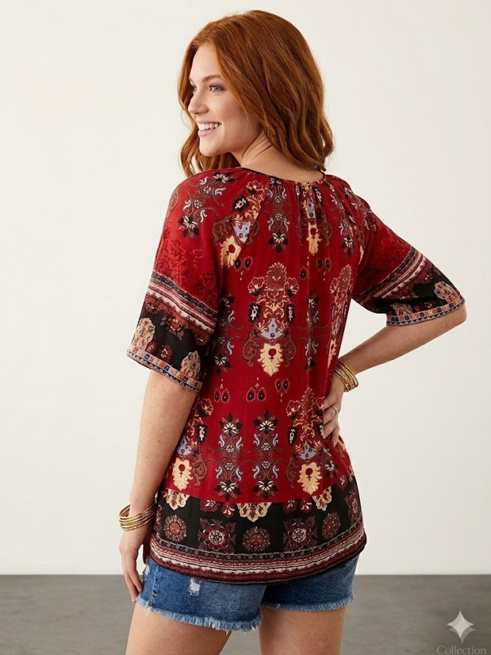 Boho Floral Red Patterned Peasant Blouse